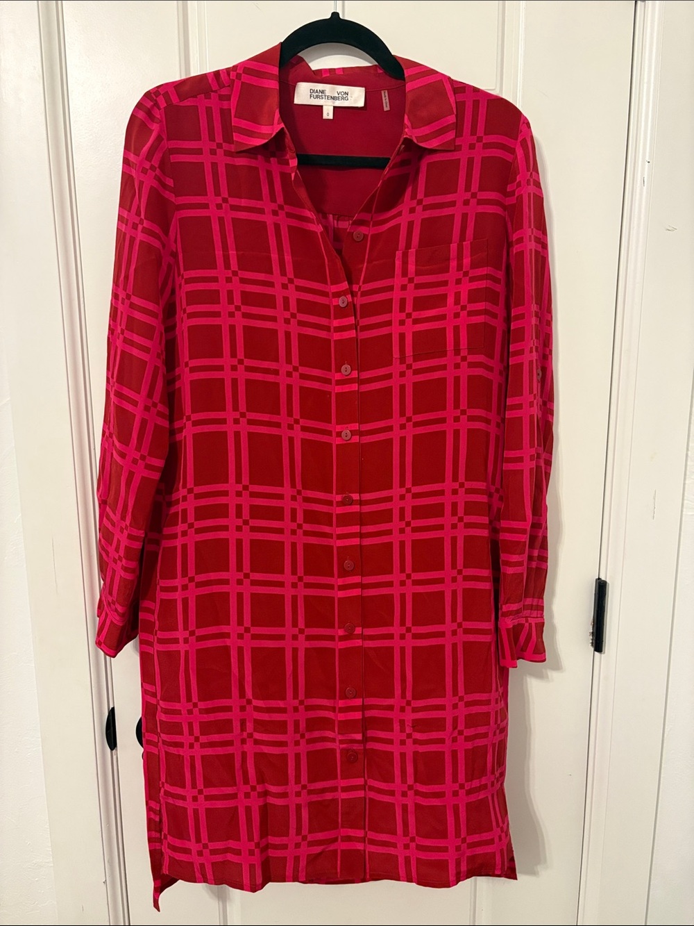 Diane Von Furstenberg Red and Hot Pink Plaid Shirt Dress